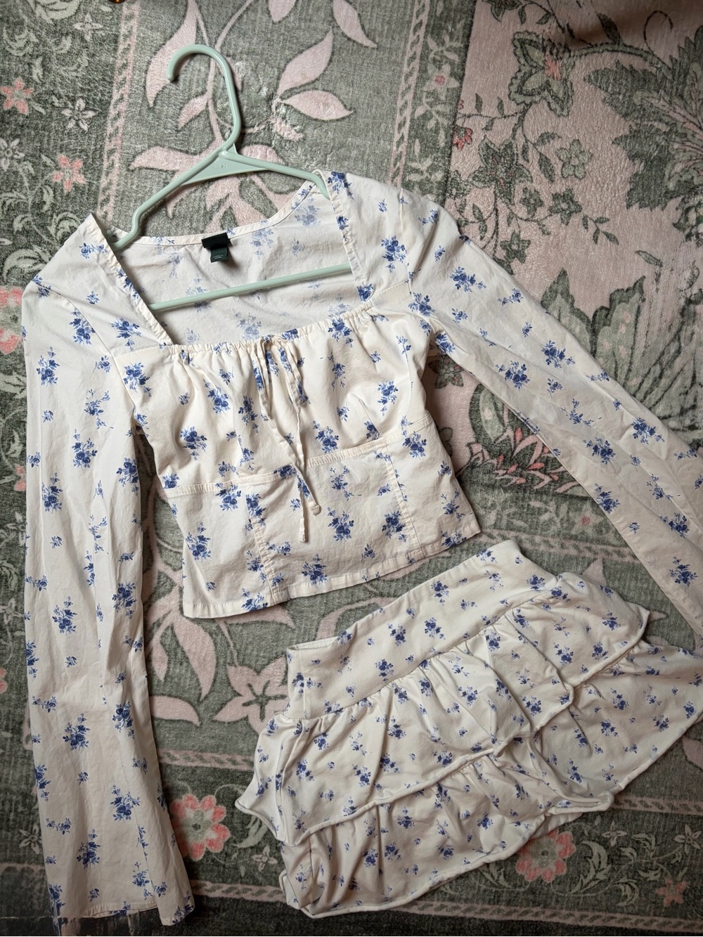 wild fable Cream and Blue Floral Smocked Crop Top & Tiered Skirt Set